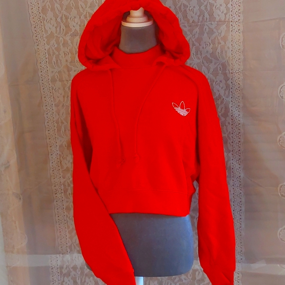 ADIDAS women's size M Red mock turtle neck crop hooded sweatshirt.